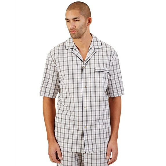 Nautica Mens Woven Plaid Button Down Pajama Shirt, White, Large
