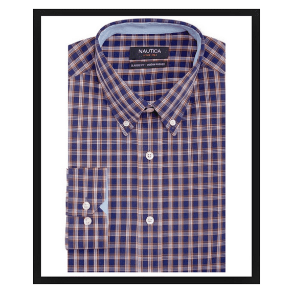 Nautica Navy and Orange Plaid Dress Shirt Men's Size 15 32/33