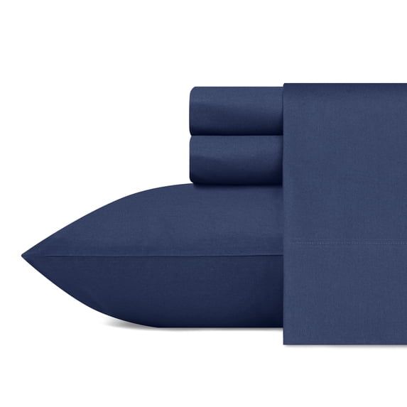 Nautica Solid 100% Cotton Percale 4-Piece Sheet Set, Queen, Captains Blue
