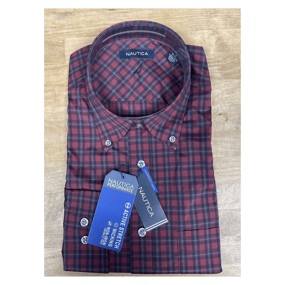 Nautica Performance Stretch Plaid Dress Shirt , Red Plaid 15.5 X 32/33