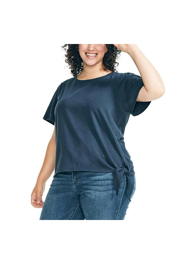 Women's Lightweight Cotton Jersey Tee Side Tie T-Shirt-Navy / M