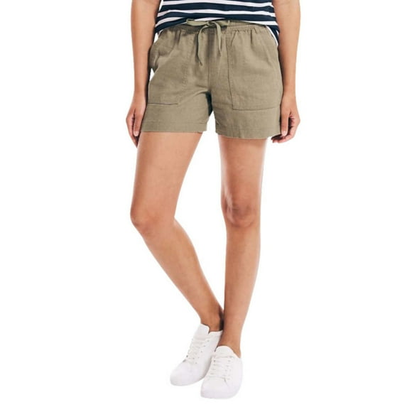 Nautica Women's Linen Blend Side Pockets Elastic Drawstring Casual Shorts-Green / XL