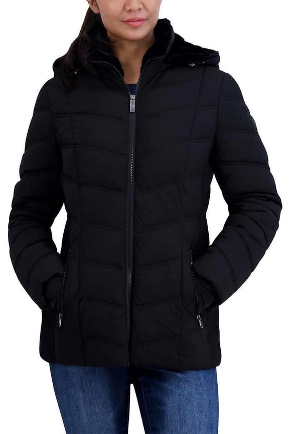 Women's Stretch Puffer Detachable Hood Fleece Pockets Jacket (Black,XX-Large)