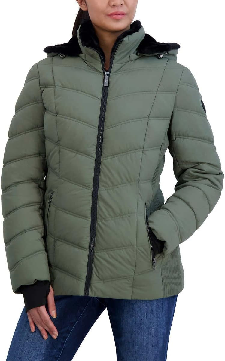 Nautica Women s Stretch Puffer Detachable Hood Fleece Pockets Jacket Green Sage X Large Walmart