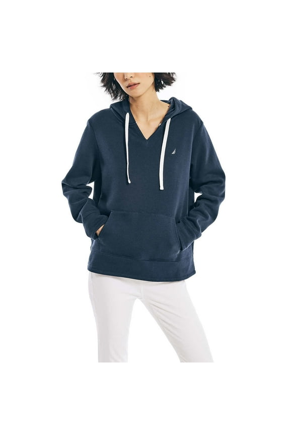 Women's V-Neck Kangaroo Front Pocket Sweatshirt Cotton Blend Hoodie-Blue / XL