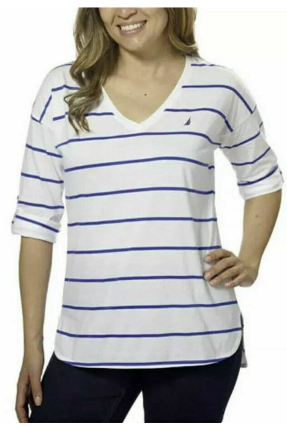 Women's V-Neck Roll Cuff Shirt (White/Navy Stripe, XX-Large)