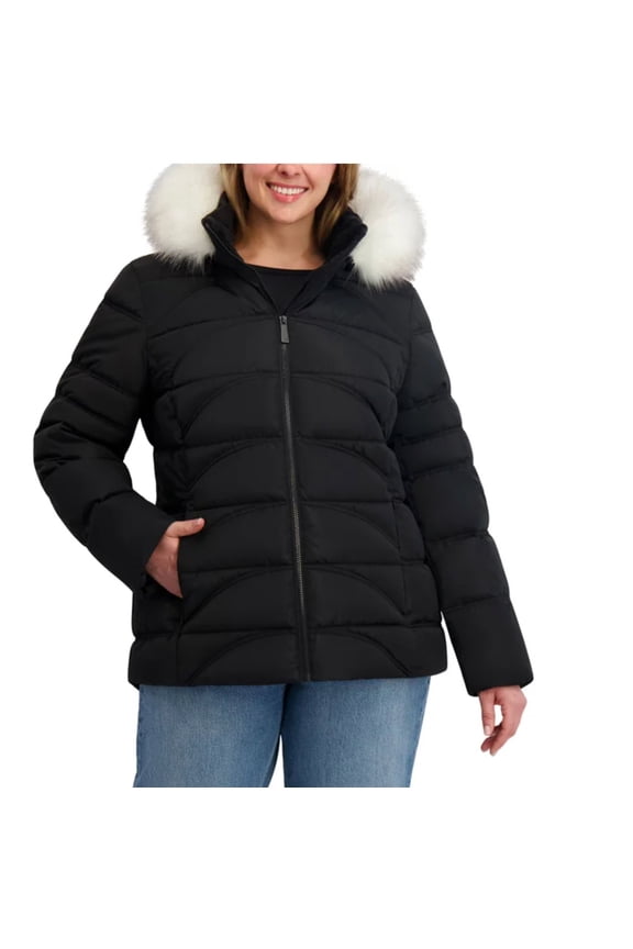Women's Women's Short Puffer Coat With Faux Fur Trim Hood Outerwear (Black, X-Small)