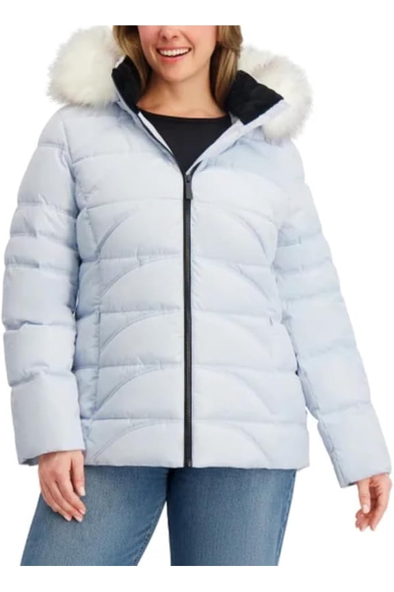 Women's Women's Short Puffer Coat With Faux Fur Trim Hood Outerwear (Sail Cream/Medium)