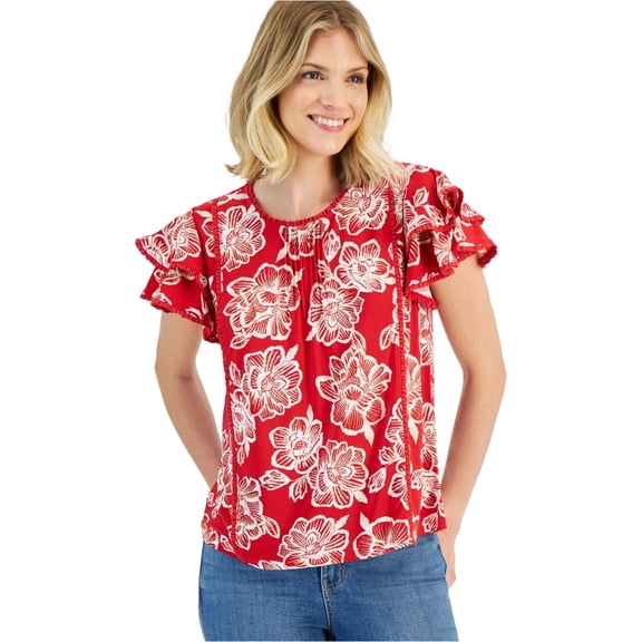 Nautica Womens Batik Rose Knit Blouse, Red, Medium
