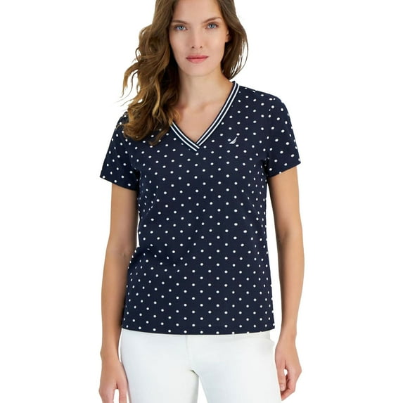 Nautica Womens Dot Print Embellished T-Shirt, Blue, Small