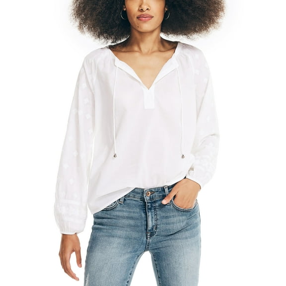 Nautica Womens Embroidered Split Neck Top Bright White S