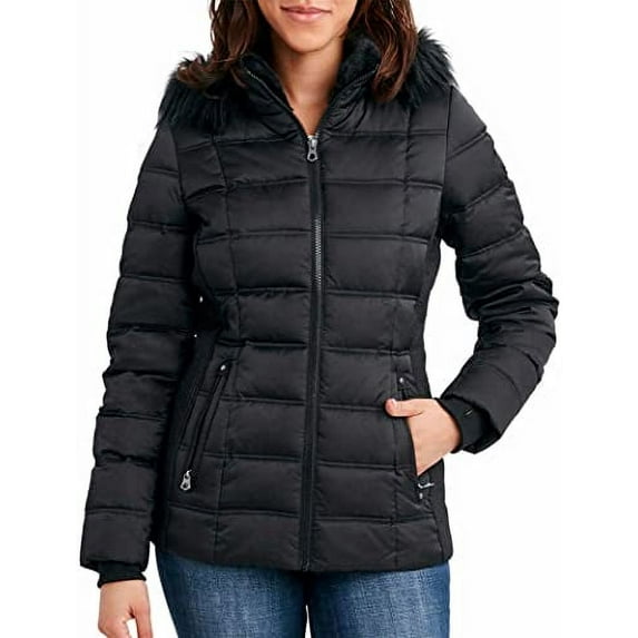 Nautica Womens Faux Fur Trim Hooded Midweight Puffer Jacket (Small, Black)