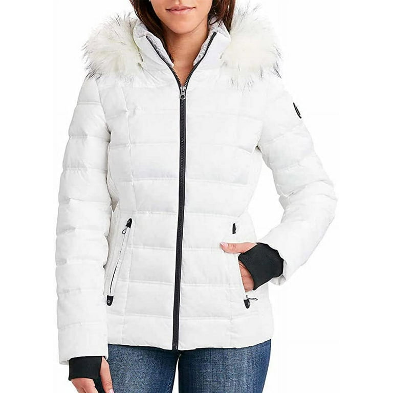 Nautica Womens Faux Fur Trim Hooded Midweight Puffer Jacket(White, Large)