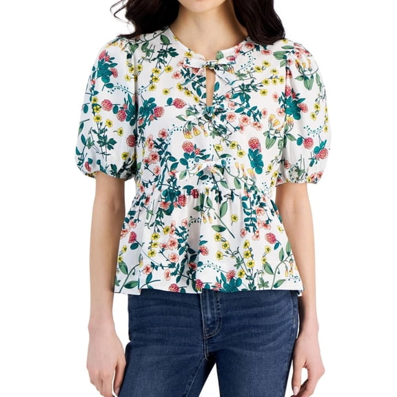 Nautica Womens Floral-Print Top Peplum Blouse, Multicoloured, Small