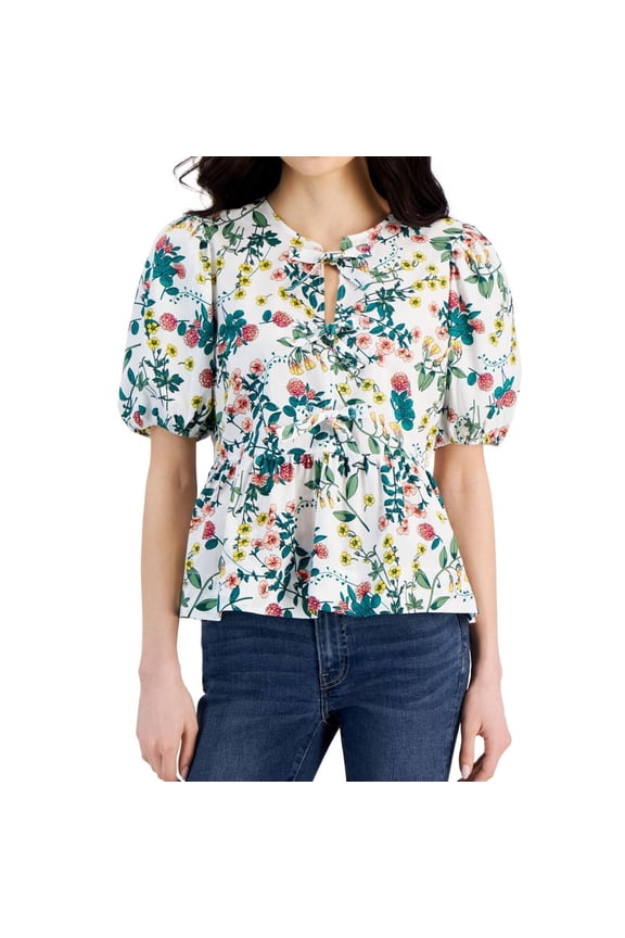 Womens Floral-Print Top Peplum Blouse, Multicoloured, Small