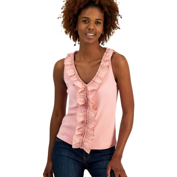 Nautica Womens Mixed Media Ruffled Tank Top, Pink, LARGE