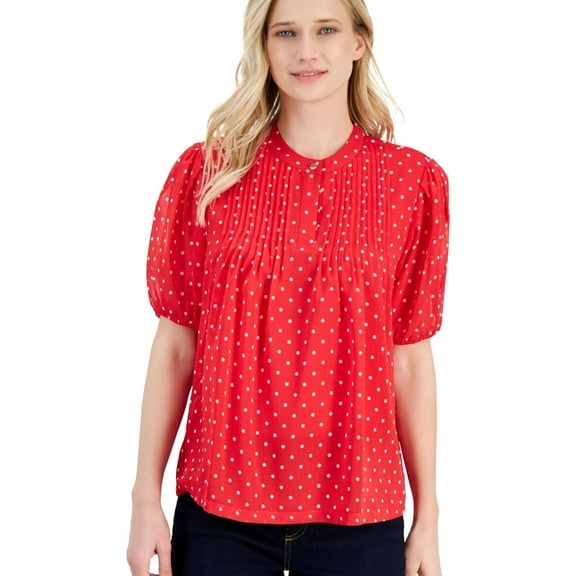 Nautica Womens Polka Dot Peasant Blouse, White, Small