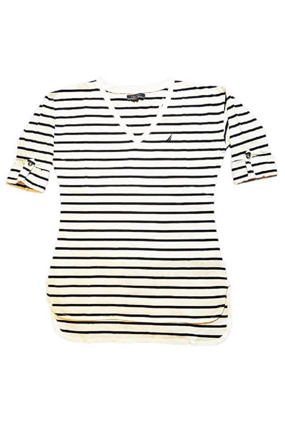 Womens V-Neck Roll-Tab High-Low Tee - Bright White Stripe (Small)