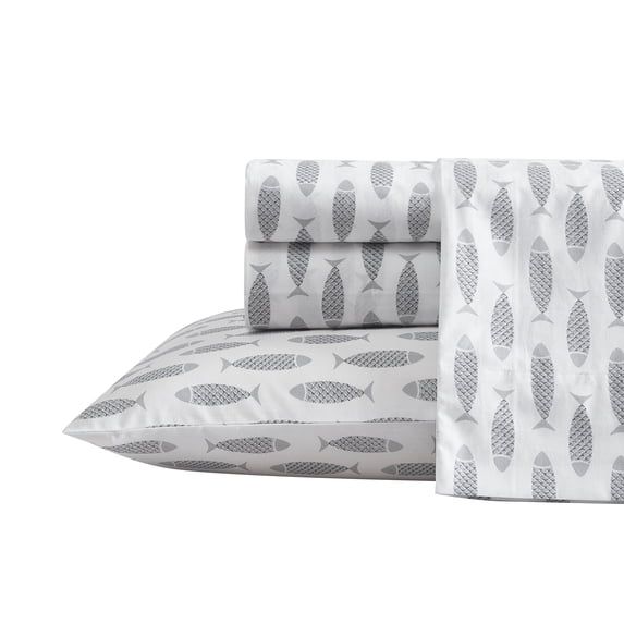 Nautica Woodblock Fish 100% Cotton Percale 3-Piece Sheet Set, Twin, Grey