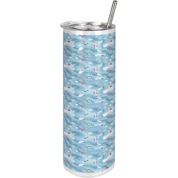 Nautical 20 Oz Skinny Tumbler, Ocean Seashells Starfish Anchor Life Seagull Lighthouse Compass, Leak-Proof Straw Lid and Brush Vacuum Insulated for Outdoor Use, Pale Blue Vermilion White