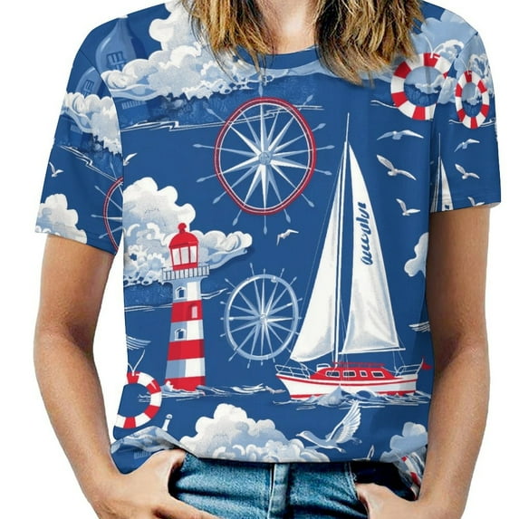 Nautical Adventure -3 Womens Tops Women's Fashion Casual Short Sleeve Flower Print Round Neck Pullover Top Blouse