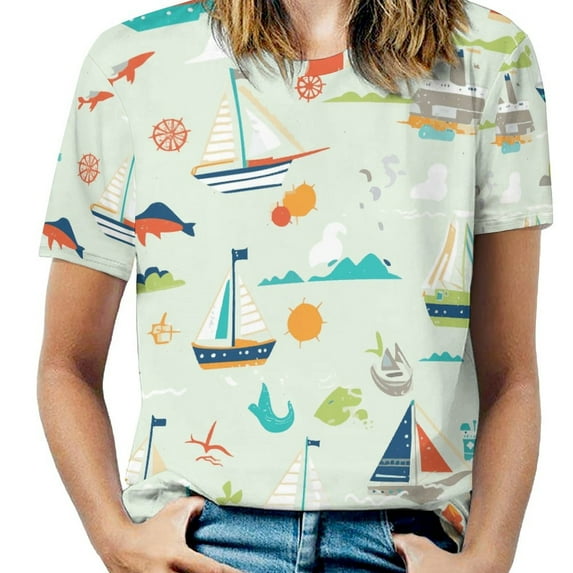 Nautical Adventure Print-1 Women's Short Sleeve T-Shirt Crew Neck Casual Summer Trendy Loose Fit Tops