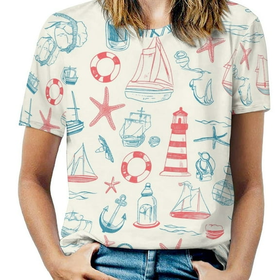 Nautical Adventure Print-3 Women's Short Sleeve Tops Casual Blouses T Shirt