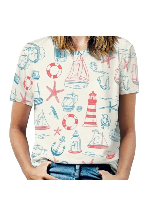 Nautical Adventure Print-3 Womens Tops Women's Fashion Casual Short Sleeve Flower Print Round Neck Pullover Top Blouse