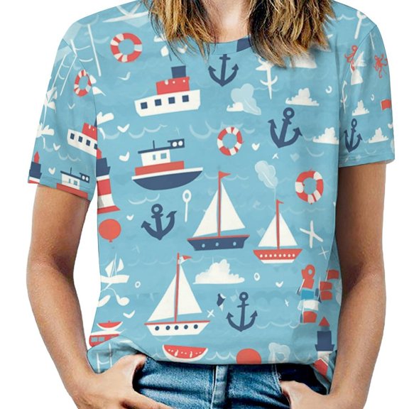 Nautical Adventure Print-4 T Shirts Basic T-Shirt Short Sleeve Ladies Tee Shirt Summer Graphic Clothing