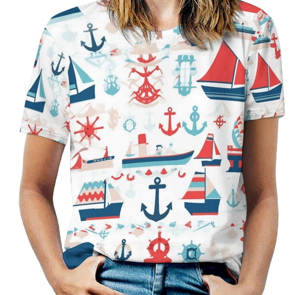 Nautical Adventure Print-5 Women's Short Sleeve Tops Casual Blouses T Shirt