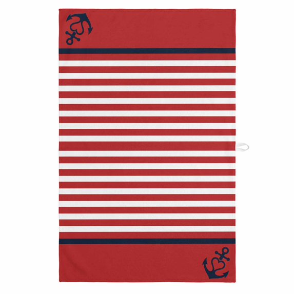 Nautical Anchor 1 Pack Kitchen Towel, Water Absorbent Dish Towel, Red White Geometric Horizontal Stripes Decorative Hand Towels - Quick Drying Cloth for Cooking Baking, 18x28 Inch