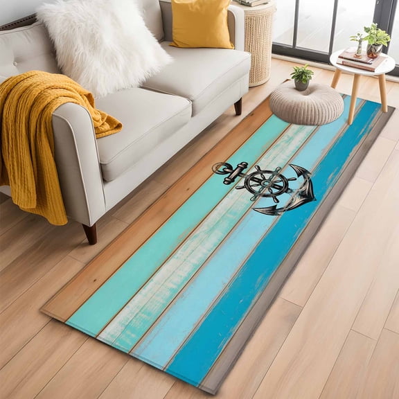 Nautical Anchor 2'x6' Runner Rugs for Hallway Kitchen Bedside Non Slip Washable, Retro Blue Brown Wooden Boards Farmhouse Entryway Rug Runners with Rubber Backing, Long Carpet Runner for Laundry Room