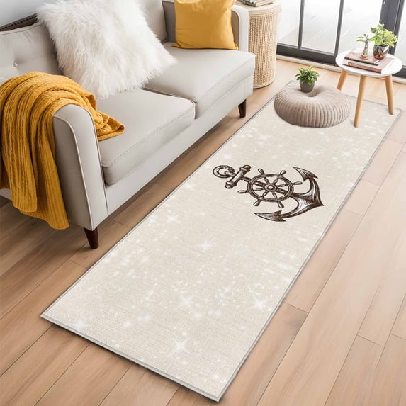 Nautical Anchor 2'x6' Runner Rugs for Hallway Kitchen Bedside Non Slip Washable, Vintage Coastal Rudder Farmhouse Beige Entryway Rug Runners with Rubber Backing, Long Carpet Runner for Laundry Room
