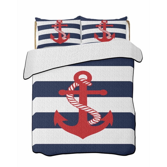Nautical Anchor 3 Piece Quilt Bedding Set with 2 Pillow Shams, Coastal Navy Blue Stripe Lightweight Bedspread Coverlet, Soft Breathable All Season Quilt, 68 x 86 Inch