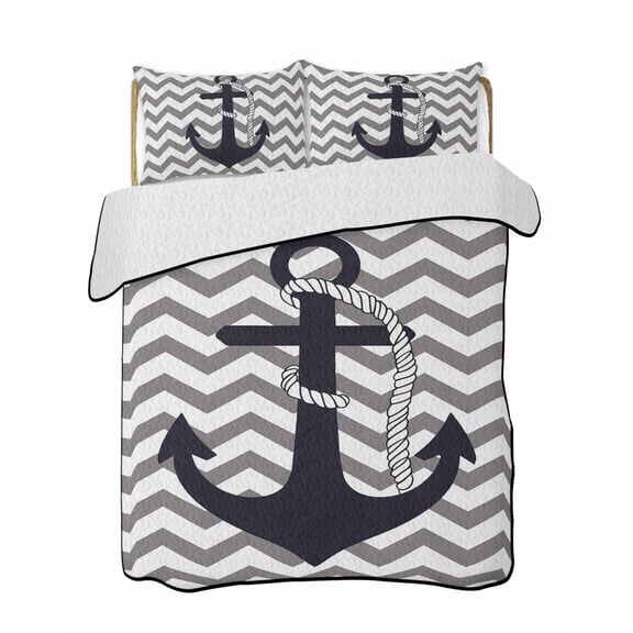 Nautical Anchor 3 Piece Quilt Bedding Set with 2 Pillow Shams, Gray Chevron Striped Abstract Geometric Lightweight Bedspread Coverlet, Soft Breathable All Season Quilt, 68 x 98 Inch