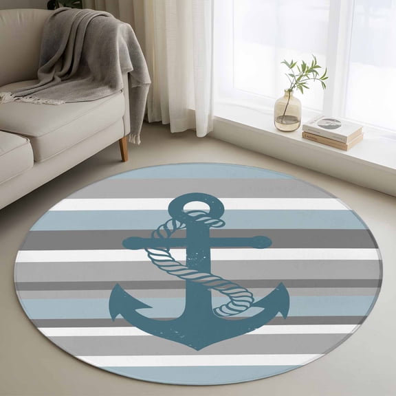 Nautical Anchor 3FT Round Area Rugs Light Blue Grey Stripe Modern Simplistic Striped Soft Small Round Rug Non-Slip, Ultra-Thin Indoor Circle Carpet for Bedroom Entryway Kitchen Bathroom