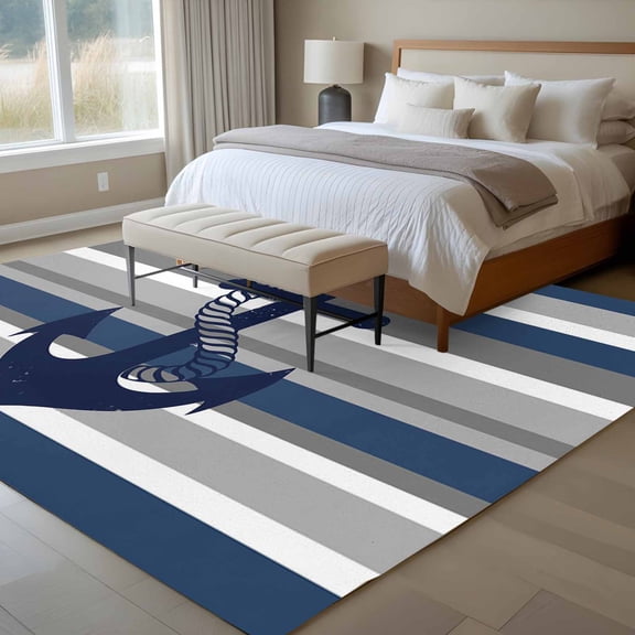 Nautical Anchor 6x9 Rug for Dining Room Table and Chair Setup, Navy Blue Grey Stripe Modern Simplistic Striped Low Pile Washable Non Slip Rectangle Area Rug