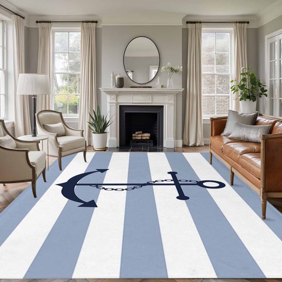 Nautical Anchor 8'x10' Large Area Rug for Living Room Sectional Sofa, Sky Blue and White Striped Washable Non Slip Low Pile Rectangle Area Rug