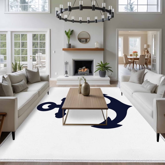 Nautical Anchor 8x10 Area Rug for Living Room Sectional Sofa, Black Anchor Simple Style Ocean Theme Washable Non Slip Large Rectangle Area Rug