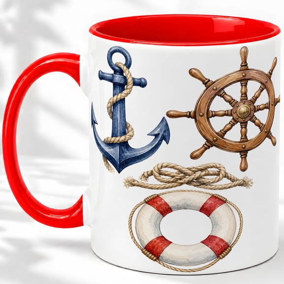 Nautical Anchor Accent Mug, 11oz Ceramic Coffee Cup for Ocean Lovers