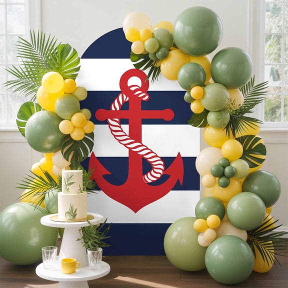Nautical Anchor Arch Backdrop Cover, 5FT, Coastal Navy Blue Stripe Spandex Arch Covers Double-Sided Backdrop for Wedding Birthday Party Photo Background Decoration