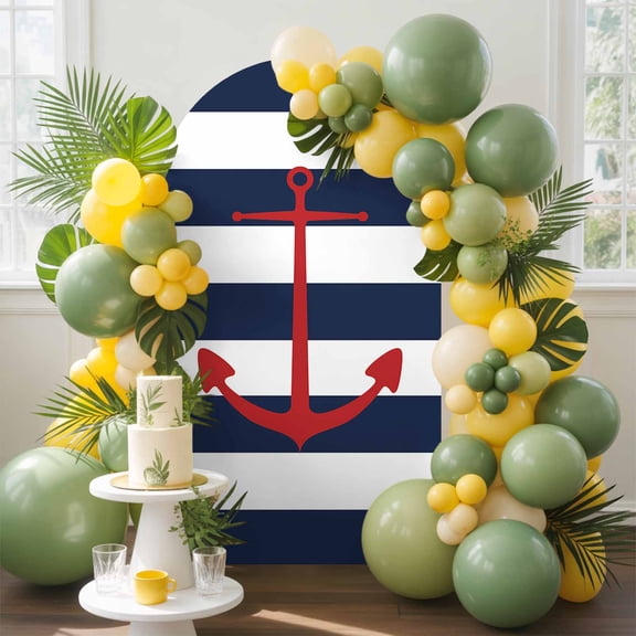 Nautical Anchor Arch Backdrop Cover, 5FT, Navy Blue and White Striped Spandex Arch Covers Double-Sided Backdrop for Wedding Birthday Party Photo Background Decoration