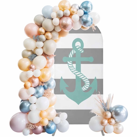 Nautical Anchor Arch Backdrop Cover 5Ft, Wedding Arch Covers Stretchy Backdrop, Turquoise Grey White Horizontal Stripe Fitted 2 Sided Arched Photo Background for Birthday Party Decorations