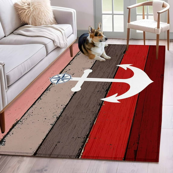 Nautical Anchor Area Rug 4x6 Washable Rug Non Slip Red Brown Retro Gradient Wooden Grain Large Area Rug Indoor Floor Carpet for Entryway Bedroom Kitchen Living Room Home Office Dining Room Nursery