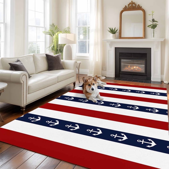 Nautical Anchor Area Rug 5x8 FT, Non Slip Bedroom Throw Carpet, Red Navy Blue White Stripe Geometric Washable Soft Floor Carpet Non-Shedding Rug for Living Room Nursery Dorm Office