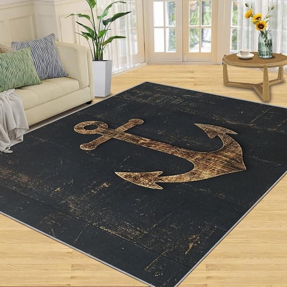 Nautical Anchor Area Rug, Distressed Wooden Rugs for Living Room Bedroom, Black Design Carpet, Washable Stain Resistant Area Rugs, Nautical Anchor Home Decor & Gifts ﻿ 5 x 8ft