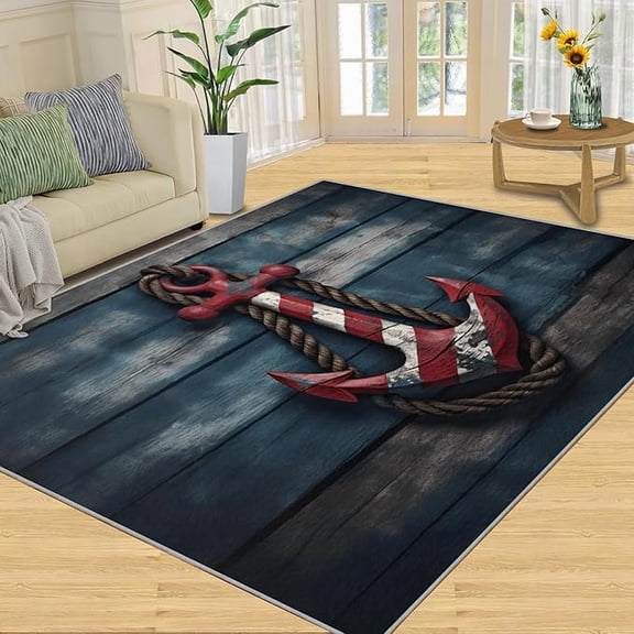 Nautical Anchor Area Rug, Vintage Maritime Style Rugs for Bedroom Rustic Wood Rope Coastal Style Rugs for Living Room, Machine Washable Carpet for Front Entrance Floor Decor 2 x 3ft