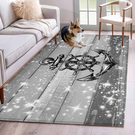 Nautical Anchor Area Rugs 4'x6', Washable Small Throw Rugs for Office Bathroom, Rudder Stars Retro Black Grey Wooden Grain Indoor Outdoor Rug Non-Slip Low Pile Carpet Runner Reversible Floor Mats