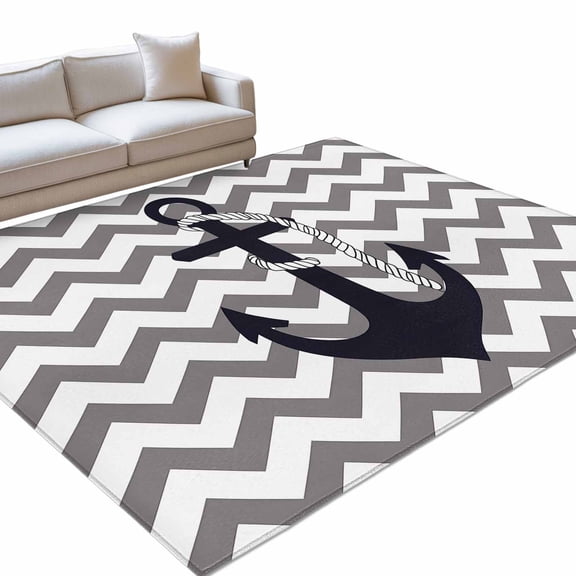 Nautical Anchor Area Rugs 4x6ft Gray Chevron Striped Abstract Geometric Floor Rug Non Slip Low Pile Ultra Soft Throw Carpet for Entryway Indoor Entrance Kitchen Bathroom