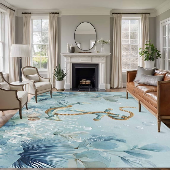 Nautical Anchor Area Rugs 5'x7', Washable Small Throw Rugs for Laundry Room Playroom, Coastal Ocean Coral Eucalyptus Leaves Indoor Outdoor Rug Non-Slip Low Pile Carpet Runner Reversible Floor Mats